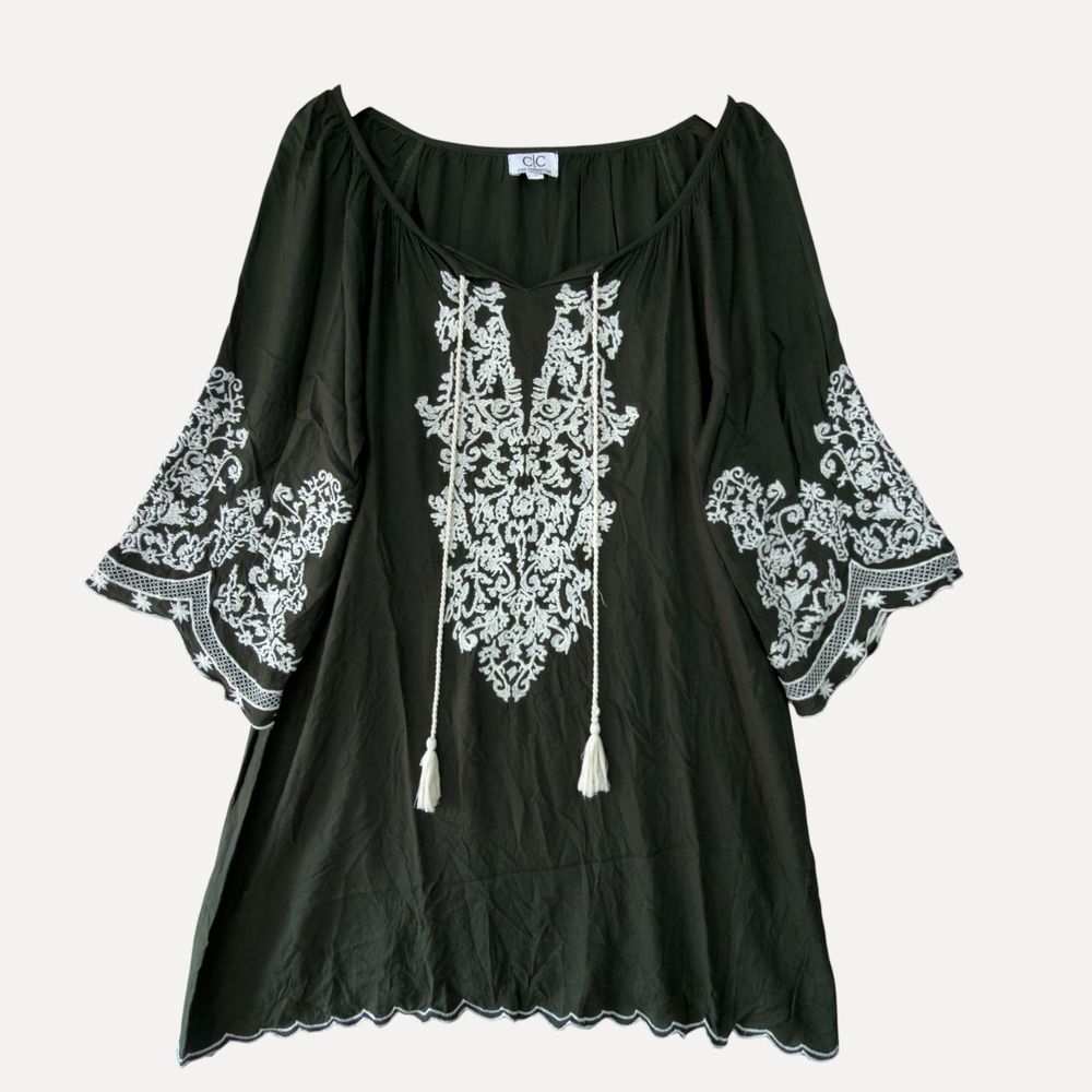 Chic Connection Embroidered Peasant Tunic Dress S Women Olive Green Boho Tassel